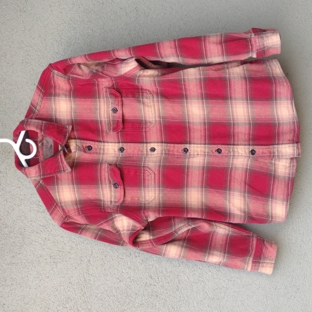 Orvis Red and Cream Plaid Thick Cotton Flannel Button-up Shacket Men's Large
